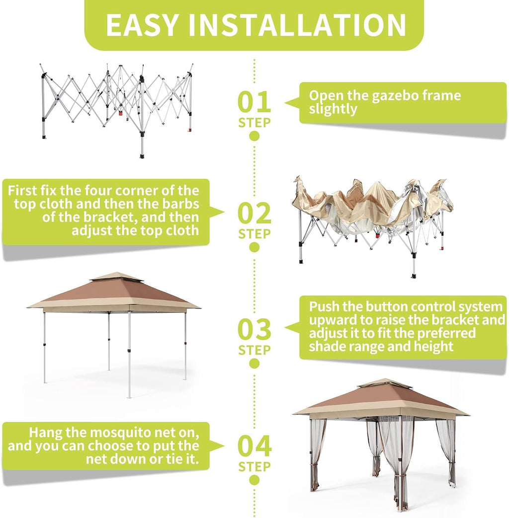 12x12 Pop Up Canopy - Outdoor Gazebo Tent with Mosquito Netting & Curtains, Adjustable Height, Includes Wheeled Carry Bag for Patio/Garden/Backyard (Deep Brown & Khaki)