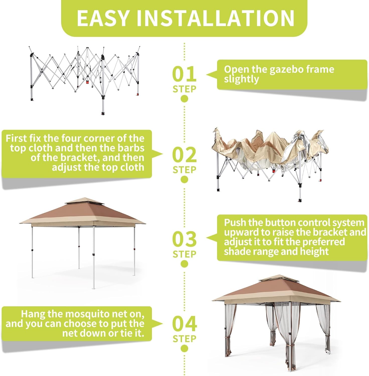 12x12 Pop Up Canopy - Outdoor Gazebo Tent with Mosquito Netting & Curtains, Adjustable Height, Includes Wheeled Carry Bag for Patio/Garden/Backyard (Deep Brown & Khaki)