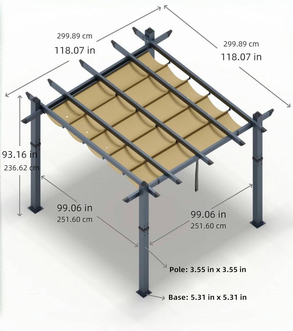 KYBOLT 10x10 Ft Modern Aluminum Pergola, Outdoor Pergola with Adjustable Canopy, Stable 4-Sided Base, Aluminum Gazebos for Backyard, Deck, Lawn - Khaki