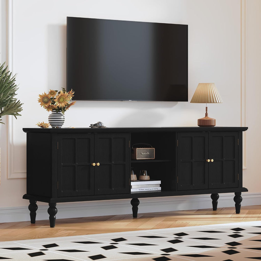 3More 67' Mid Century Modern TV Stand with Window Design,Wood Entertainment Center with Open Shelf,Up to 70' Media TV for Living Room or Bedroom,Black