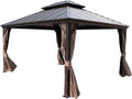 Kozyard Caesar 12'x14' Hardtop Gazebo - Permanent Metal Pavilion with Netting and Shaded Curtains for Patio, Backyard, and Deck - Galvanized Steel Outdoor Aluminum Canopy, Double Roof Gazebo (Brown)