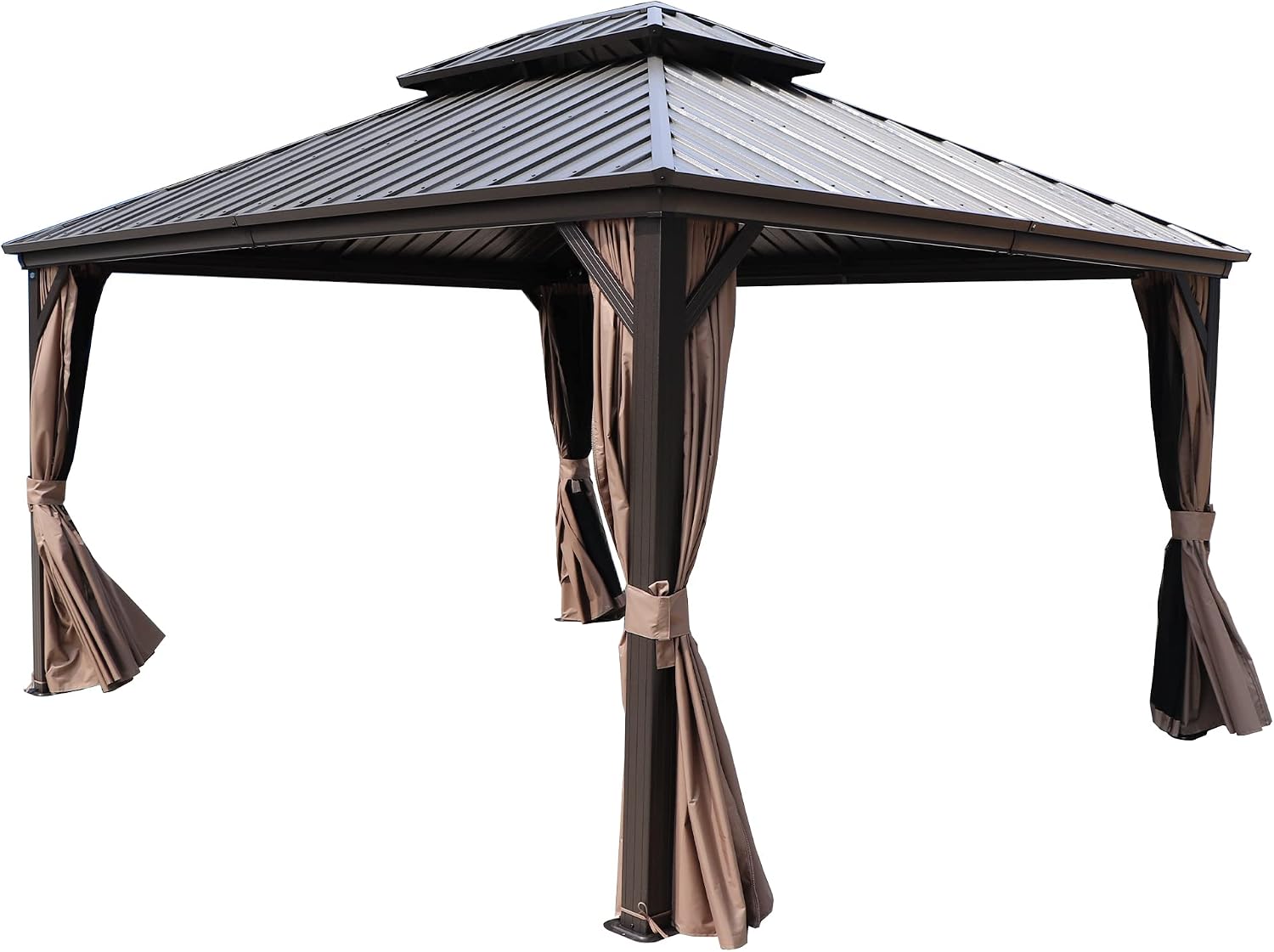 Kozyard Caesar 12'x14' Hardtop Gazebo - Permanent Metal Pavilion with Netting and Shaded Curtains for Patio, Backyard, and Deck - Galvanized Steel Outdoor Aluminum Canopy, Double Roof Gazebo (Brown)