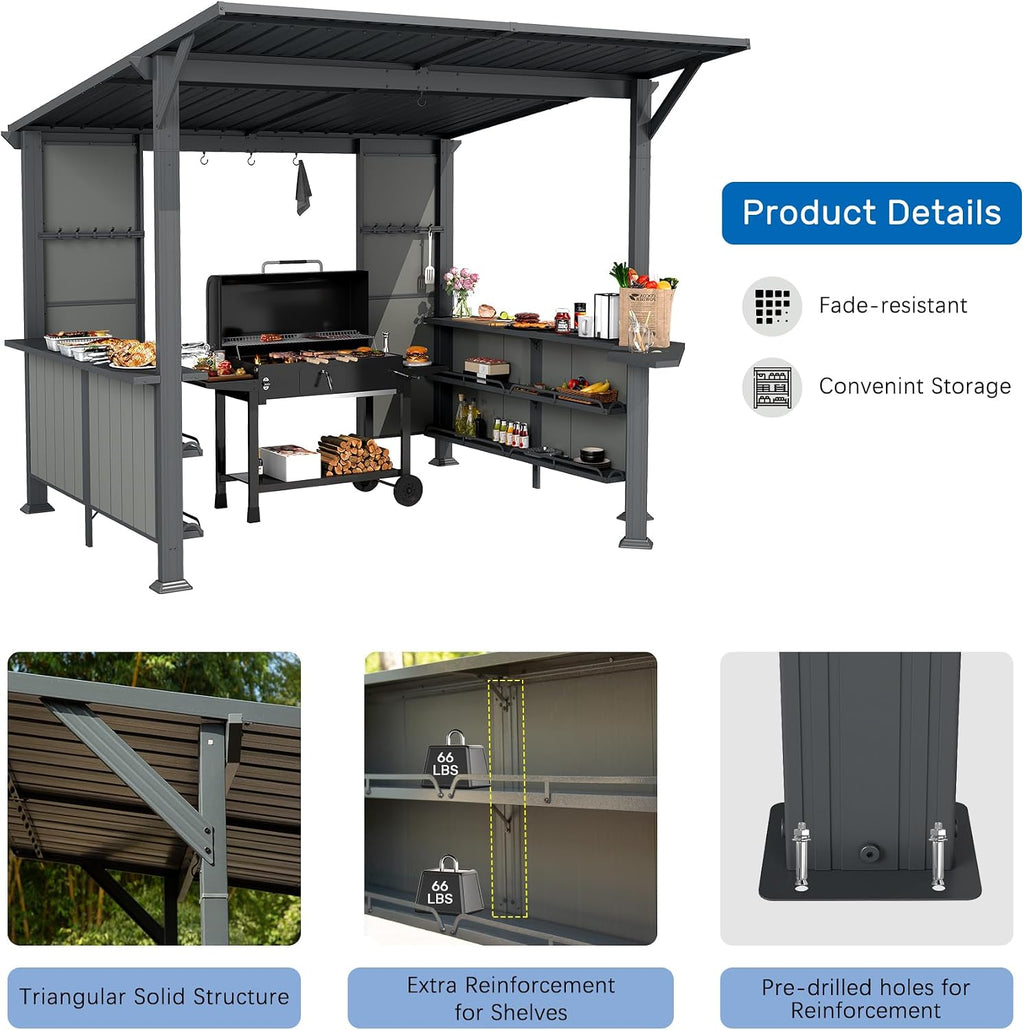 Domi 9x10FT Grill Gazebo Hardtop, BBQ Gazebo for Outdoor Grill with Storage Shelves and Expansion Platform, Metal Permanent Lean-to Canopy for Patio Backyard Lawn, Grey