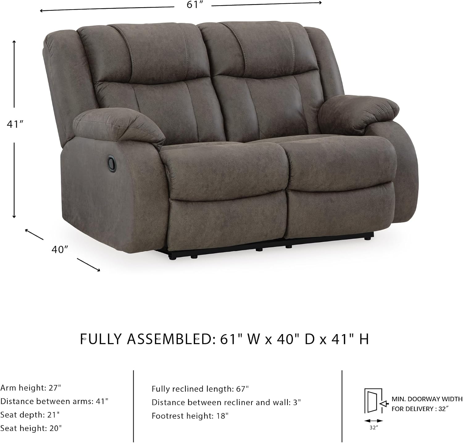 Signature Design by Ashley First Base Contemporary Faux Leather Manual Reclining Loveseat, Gray