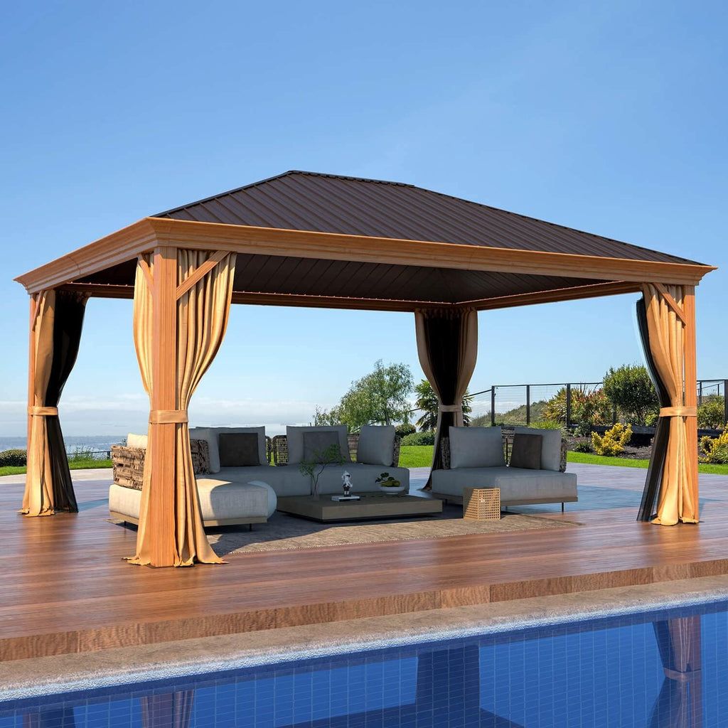 EROMMY 12'x16' Gazebo, Wood Looking Gazebo with Aluminum Frame and Single Galvanized Steel Roof, Outdoor Permanent Metal Pavilion with Curtains and Nettings for Deck, Backyard and Patio