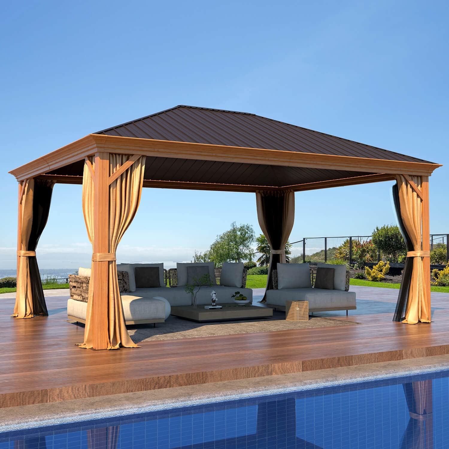 EROMMY 12'x16' Gazebo, Wood Looking Gazebo with Aluminum Frame and Single Galvanized Steel Roof, Outdoor Permanent Metal Pavilion with Curtains and Nettings for Deck, Backyard and Patio
