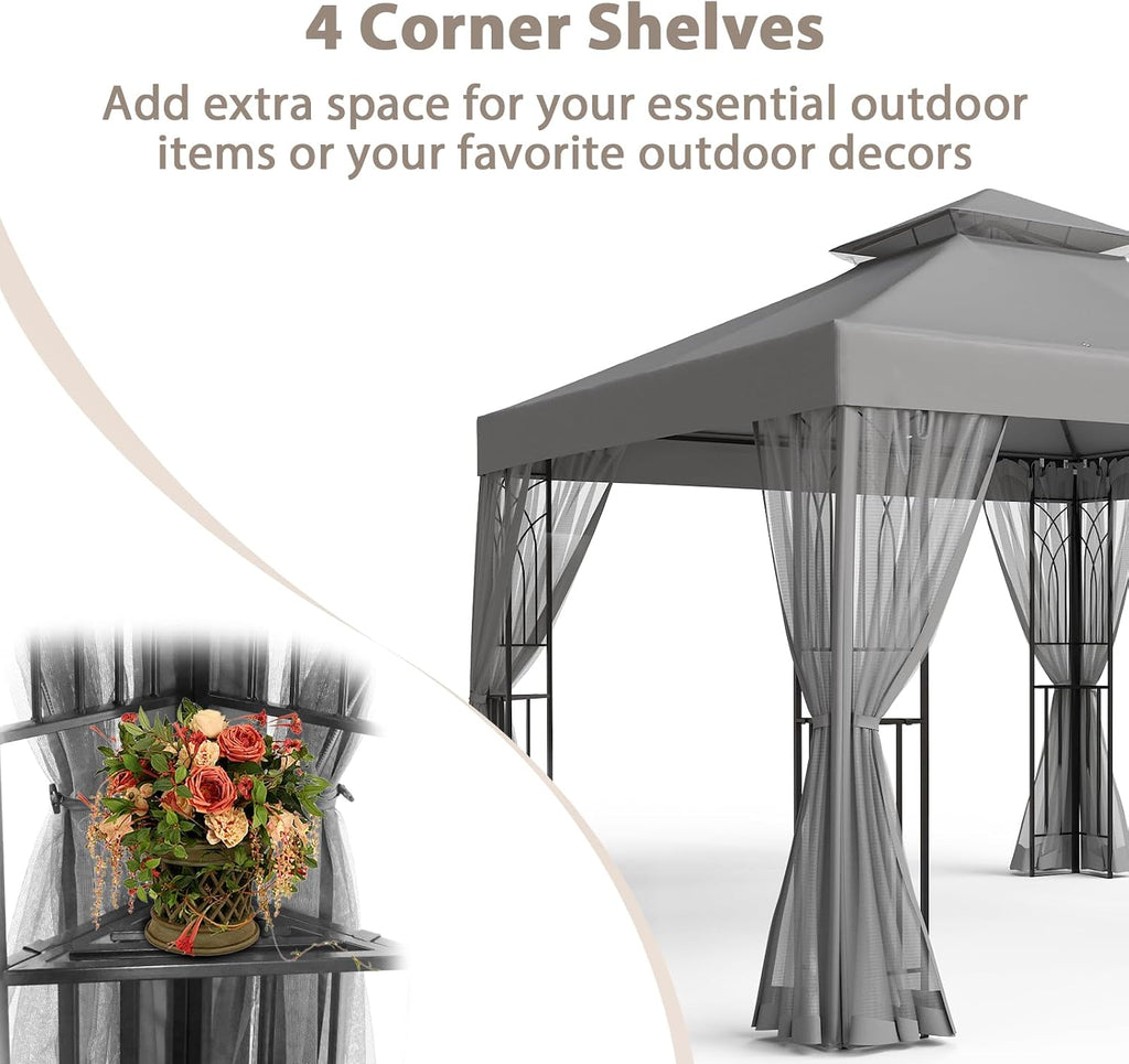 EAGLE PEAK 10x10 Patio Gazebo with Mesh Netting, Double Roof Outdoor Pavilion with Corner Shelves for Lawn, Deck, Garden and Backyard, Gray