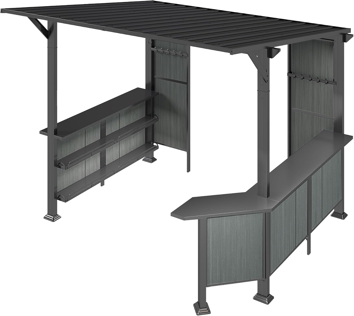 9x10FT Hardtop Grill Gazebo, Lean to Outdoor BBQ Shelter with Galvanized Steel Slanted Roof, Permanent Metal Grilling Station with Storage Shelves & Bar Platform for Patio (Gray, 9X10FT)