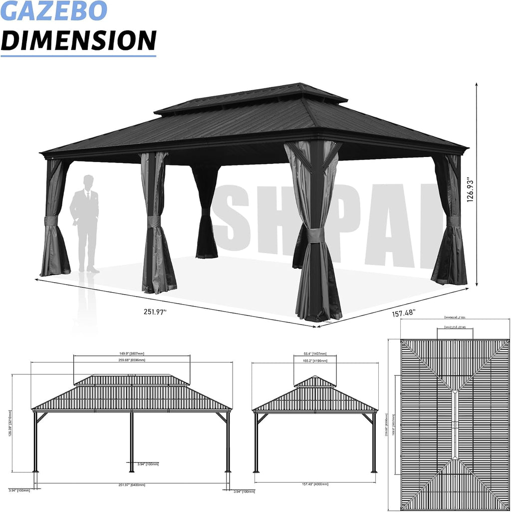 14' x 20' Outdoor Hardtop Gazebo with Gutters, Double Roof Galvanized Metal Gazebo for Backyard, Patio, Deck, Hot Tub, Heavy Duty Canopy Permanent Pavilion with Curtains and Netting, Grey