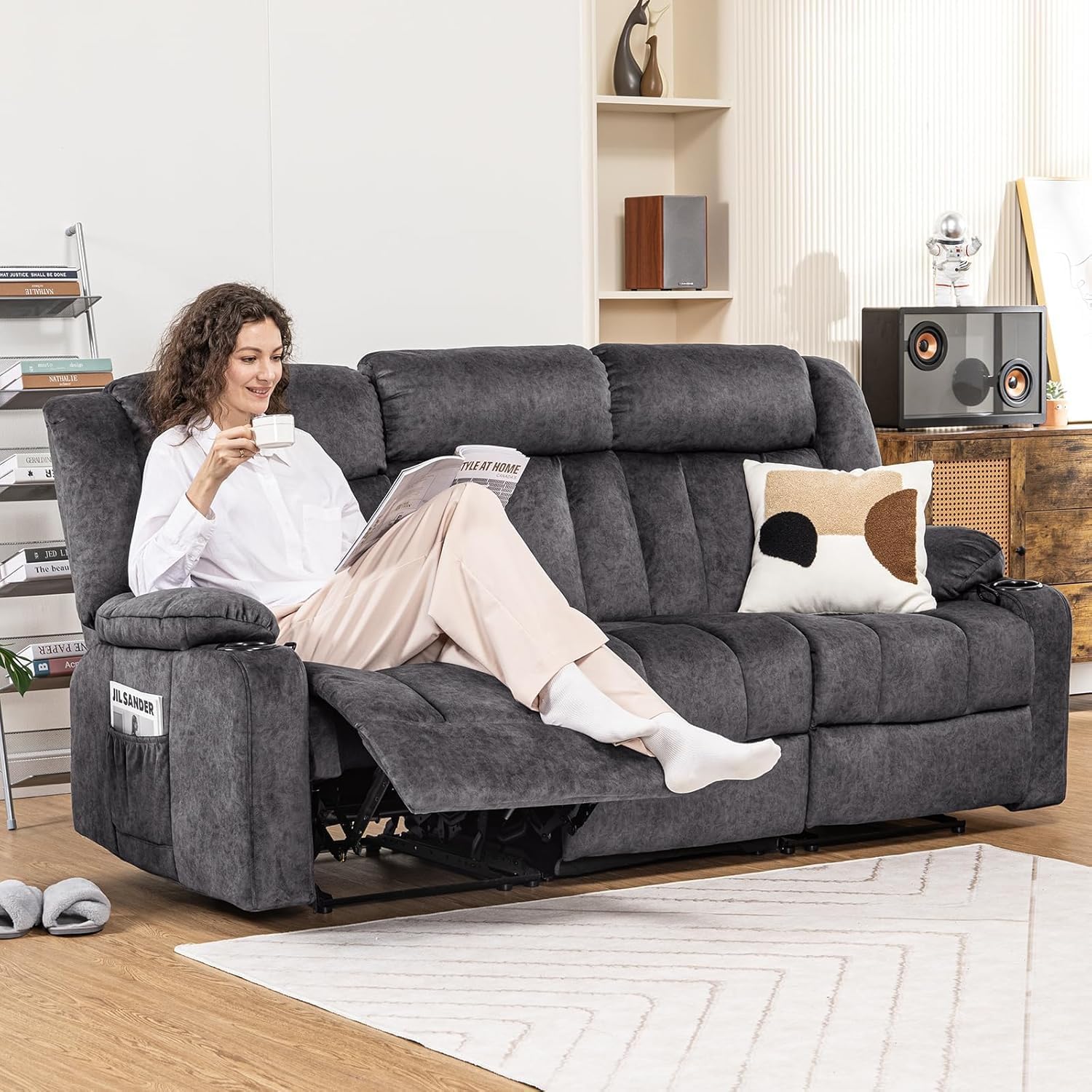 COMHOMA Living Room Furniture Sets Manual Recliner Sofa Set, Fabric Reclining Couch,Included Loveseat and 3 Seat Manual Recliner Sofa,Dark Gray(Sofa+Loveseat)