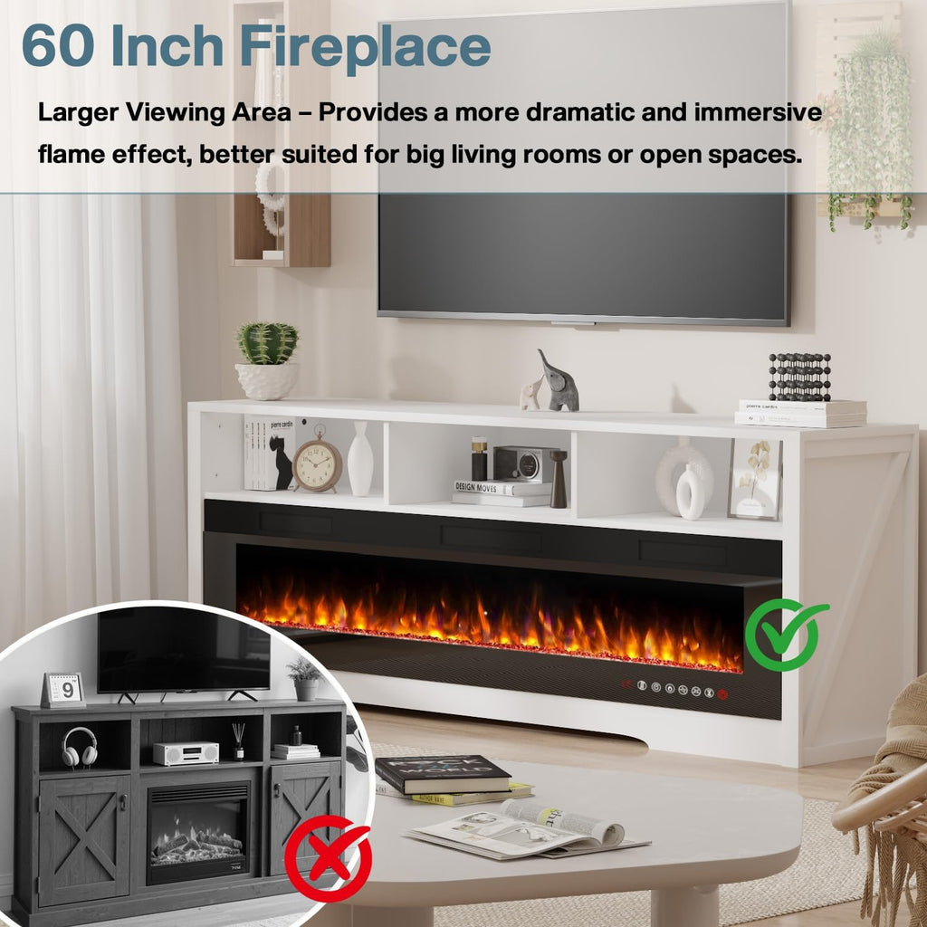 PRETZI 65' Fireplace TV Stand with 60' Glass Electric Fireplace for TVs Up to 75 inch, Modern Fireplace Entertainment Center with Open Storage Shelf, Media Console TV Cabinet for Living Room, White