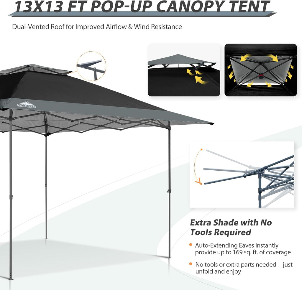 EAGLE PEAK 13x13 Straight Leg Pop Up Canopy Tent Instant Outdoor Canopy Easy Single Person Set up Folding Shelter w/Auto Extending Eaves 169 Square Feet of Shade (Black/Gray)