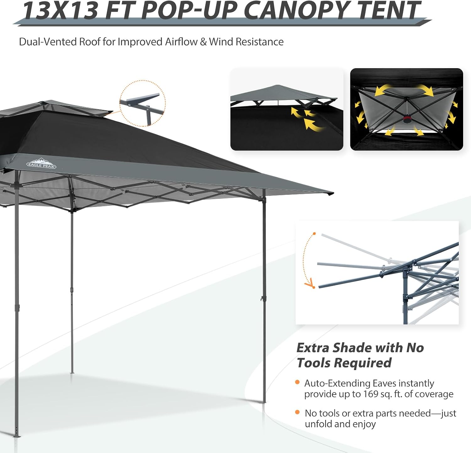 EAGLE PEAK 13x13 Straight Leg Pop Up Canopy Tent Instant Outdoor Canopy Easy Single Person Set up Folding Shelter w/Auto Extending Eaves 169 Square Feet of Shade (Black/Gray)