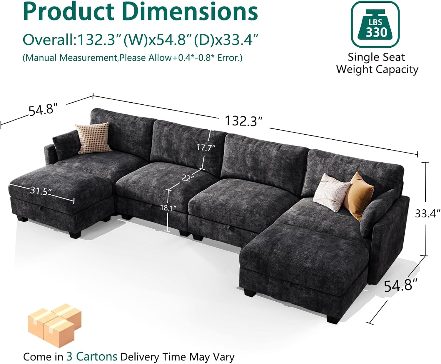 Modular Sectional U Shaped Sofa Couches for Living Room, Cloud Couch with Storage Ottoman, Comfy Chenille Sofa with Pillow, Black