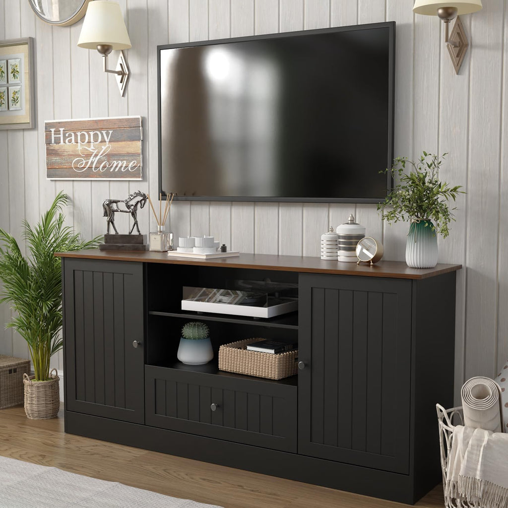Furnify Farmhouse TV Stand for TVs up to 70 Inch, 63 Inch Entertainment Center with Storage Drawer and Open Shelves, Modern Media Console for Living Room, Bedroom, Black