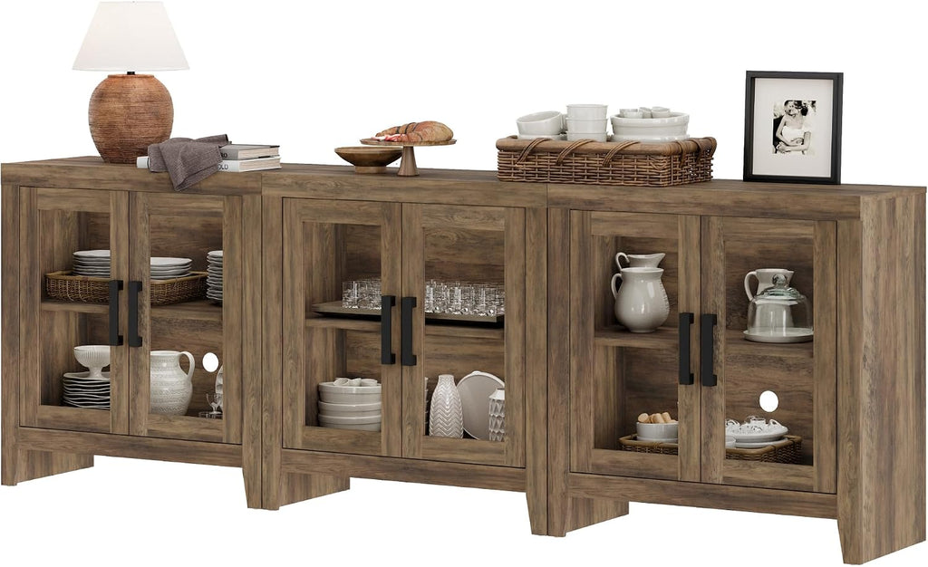 WAMPAT Farmhouse TV Stand for TVs up to 85', Rustic Wood Entertainment Center with Adjustable Shelf, Glass Doors & Storage, Media Console Cabinet for Living-Room, Bedroom, Brown