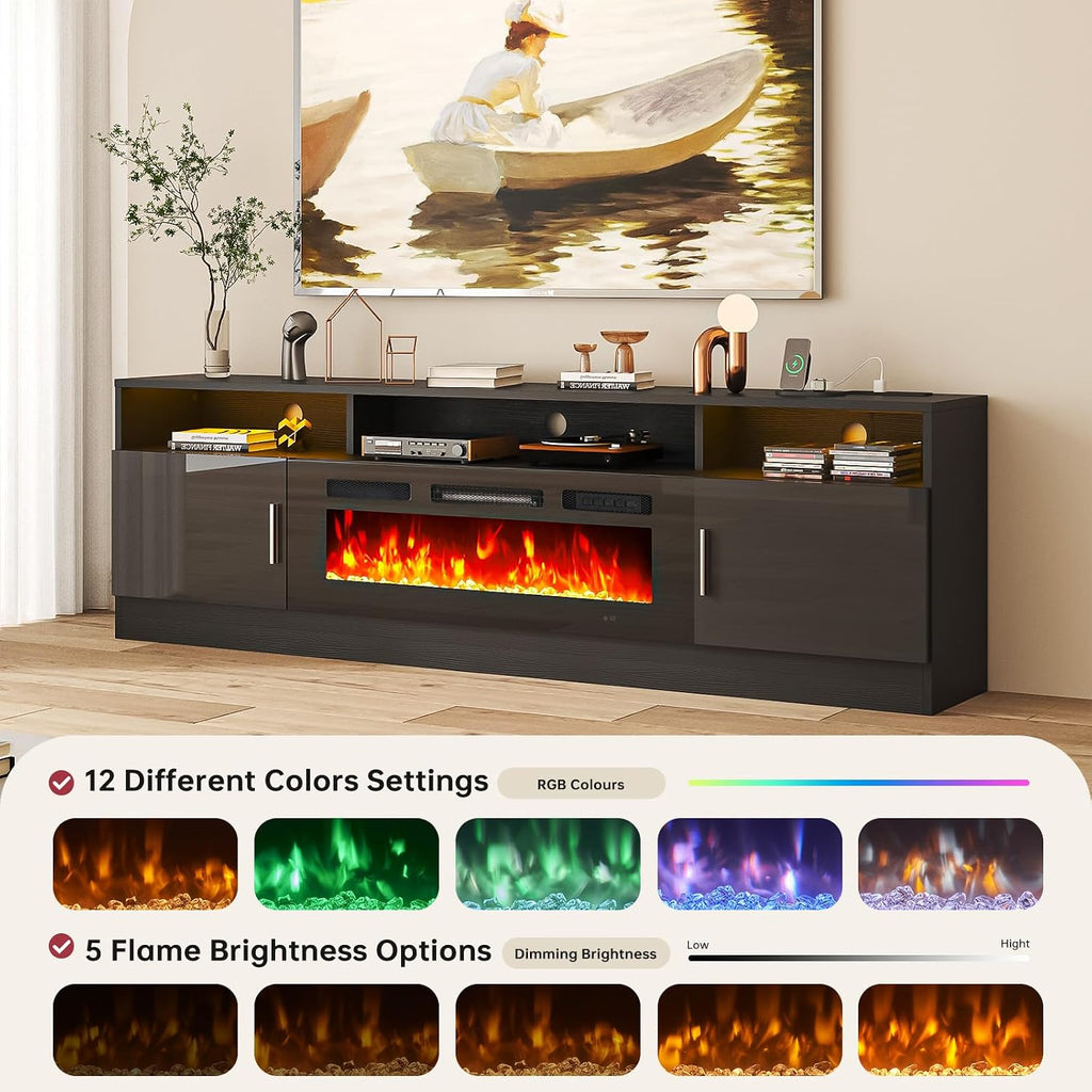 oneinmil 70' Fireplace TV Stand with Power Outlet for TVs Up to 80', Electric Fireplace Entertainment Center with LED Lights & Storage Cabinets, Media Console Table for Living Room, Black