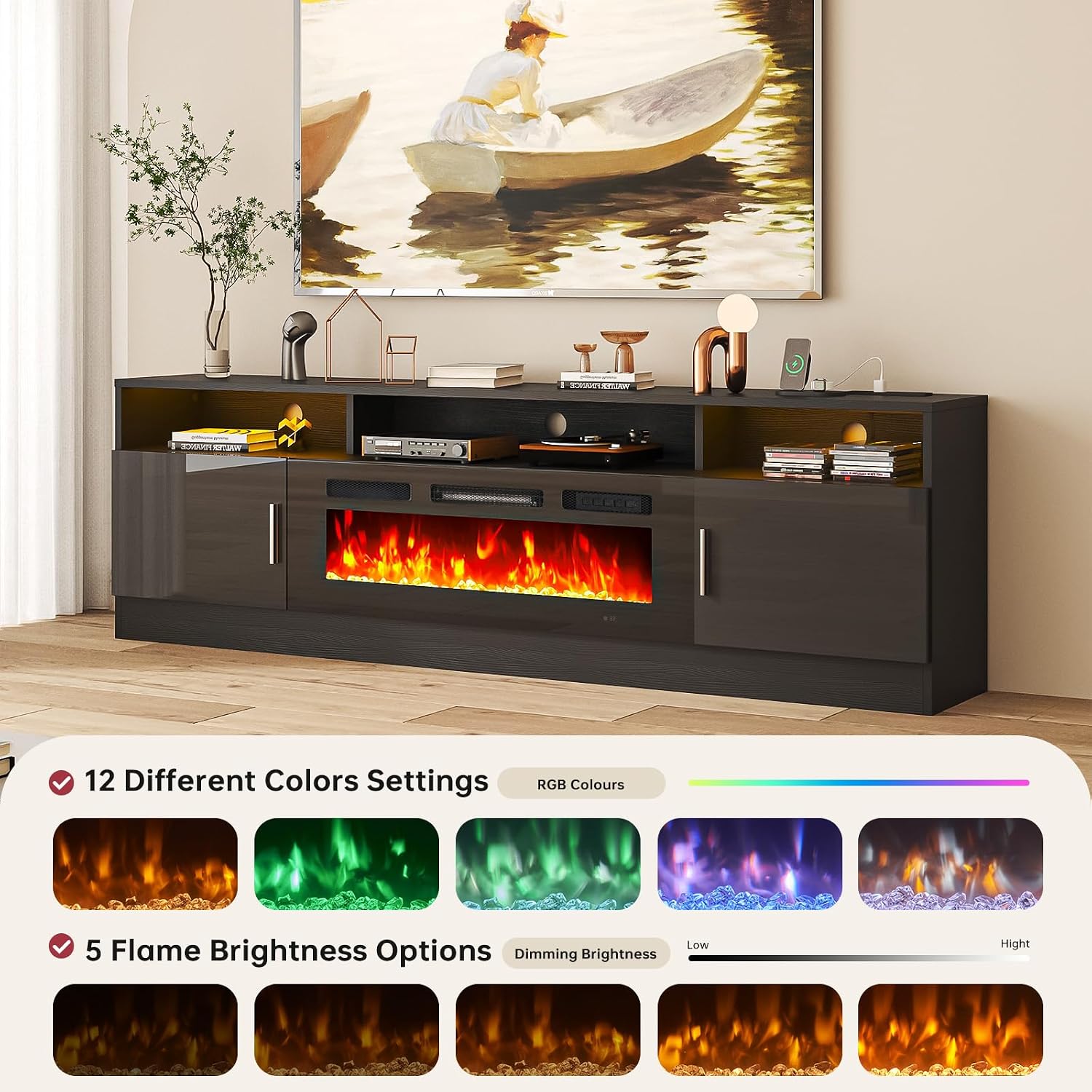 oneinmil 70' Fireplace TV Stand with Power Outlet for TVs Up to 80', Electric Fireplace Entertainment Center with LED Lights & Storage Cabinets, Media Console Table for Living Room, Black
