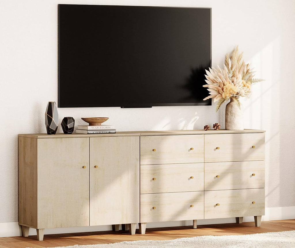 WAMPAT TV Stand Cabinets for 85+ Inches TVs, 2-in-1 Wood Media Console Table with 2 Doors and 6 Drawers, Modern Highboy Entertainment Center with Storage for Living Room Bedroom, Natural Oak