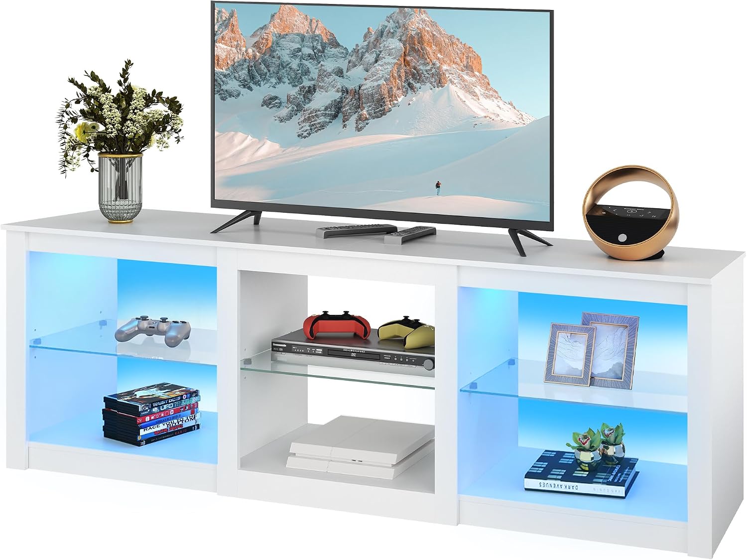 WLIVE TV Stand for 55/65/75 Inch TV, Modern Entertainment Center with LED Lights & Adjustable Glass Shelves, Sturdy Media Console for Living Room, Bedroom,Gaming (White)