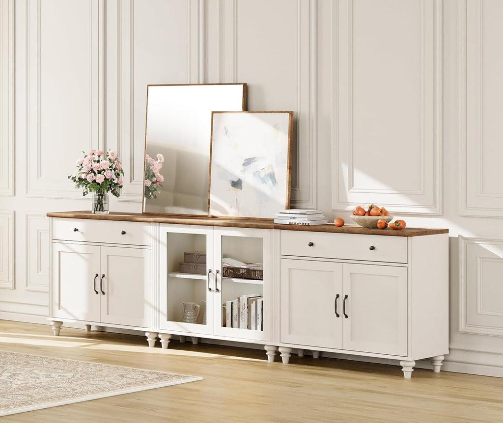 WAMPAT Farmhouse TV Stand for 100 Inch TV, 3-in-1 Wooden TV Console Table for 75/80/85/90 Inch TV, Entertainment Center with Glass Door, Kitchen Sideboard Buffet Cabinet for Dining Room, Off White