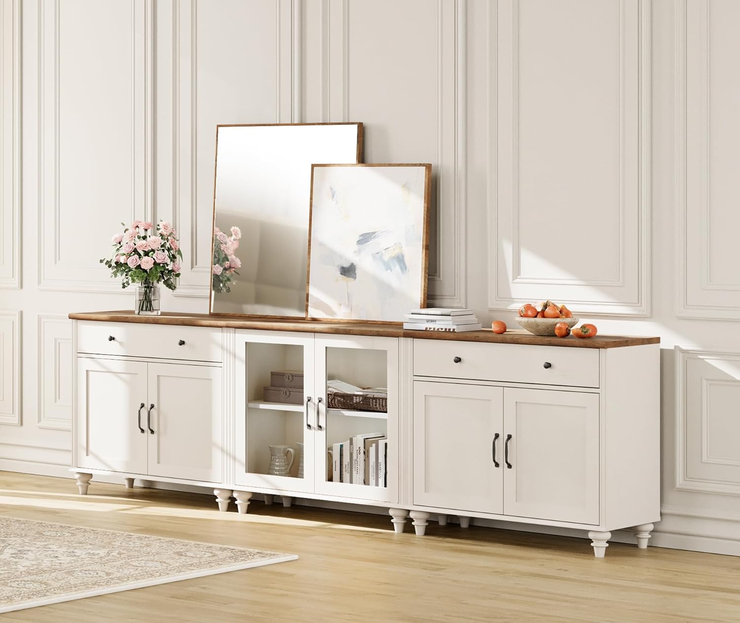 WAMPAT Farmhouse TV Stand for 100 Inch TV, 3-in-1 Wooden TV Console Table for 75/80/85/90 Inch TV, Entertainment Center with Glass Door, Kitchen Sideboard Buffet Cabinet for Dining Room, Off White