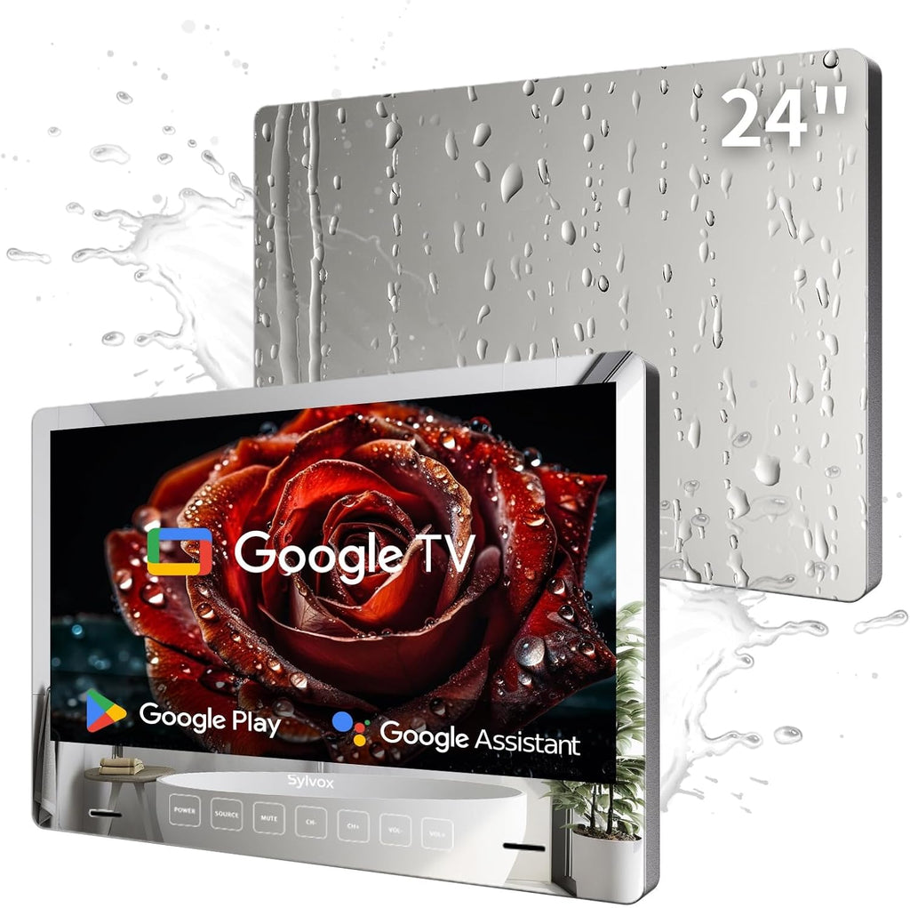 SYLVOX 24 inch Bathroom TV, 1080P Mirror Television with Google OS NTSC & ATSC Tuner WiFi Bluetooth Voice Remote, IP66 Waterproof Magic TV for Bathroom Bathtub Hotel Shower Spa (Wall Mount)