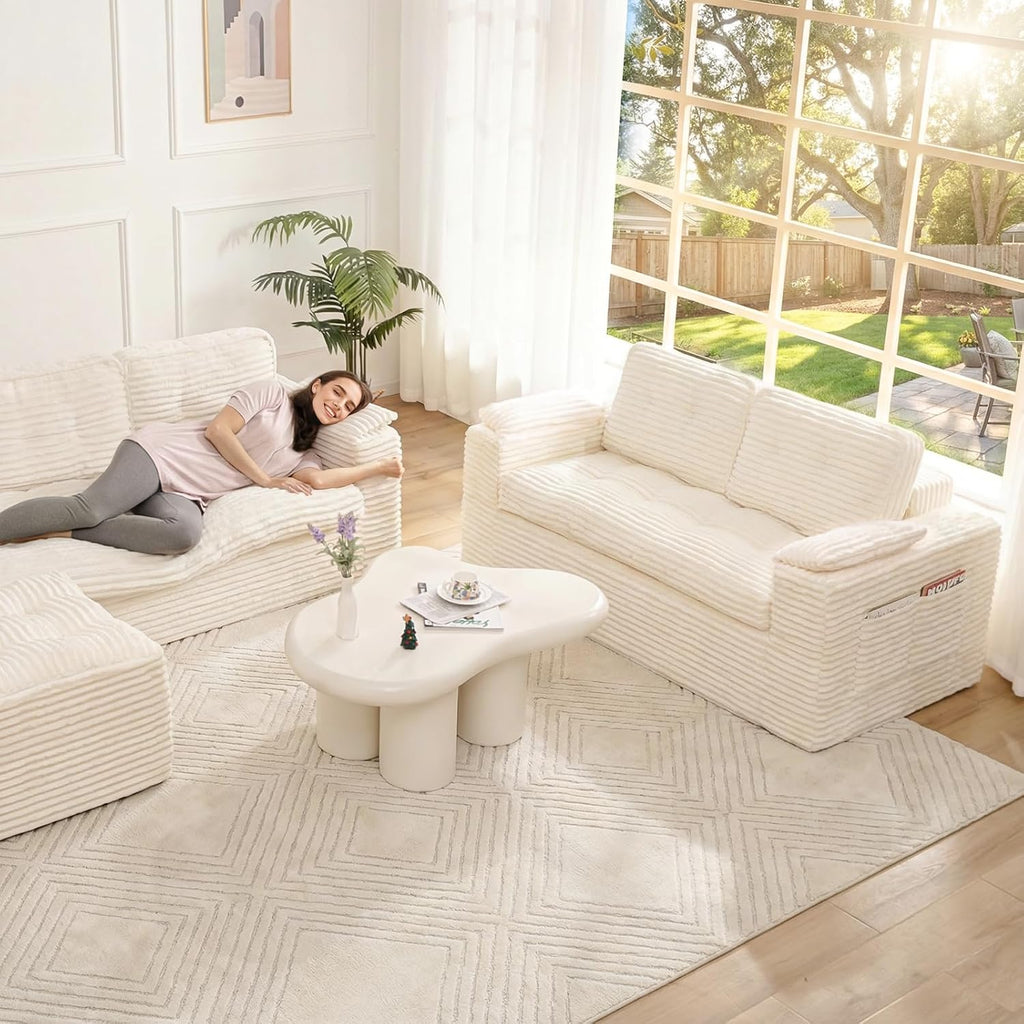 Boneless Loveseat, 2 Seater Deep Seat Loveseat Sofa with Wide‑Wale Corduroy for Small Spaces & Living Room, 60' Width, No Assembly, Washable Cover, Beige