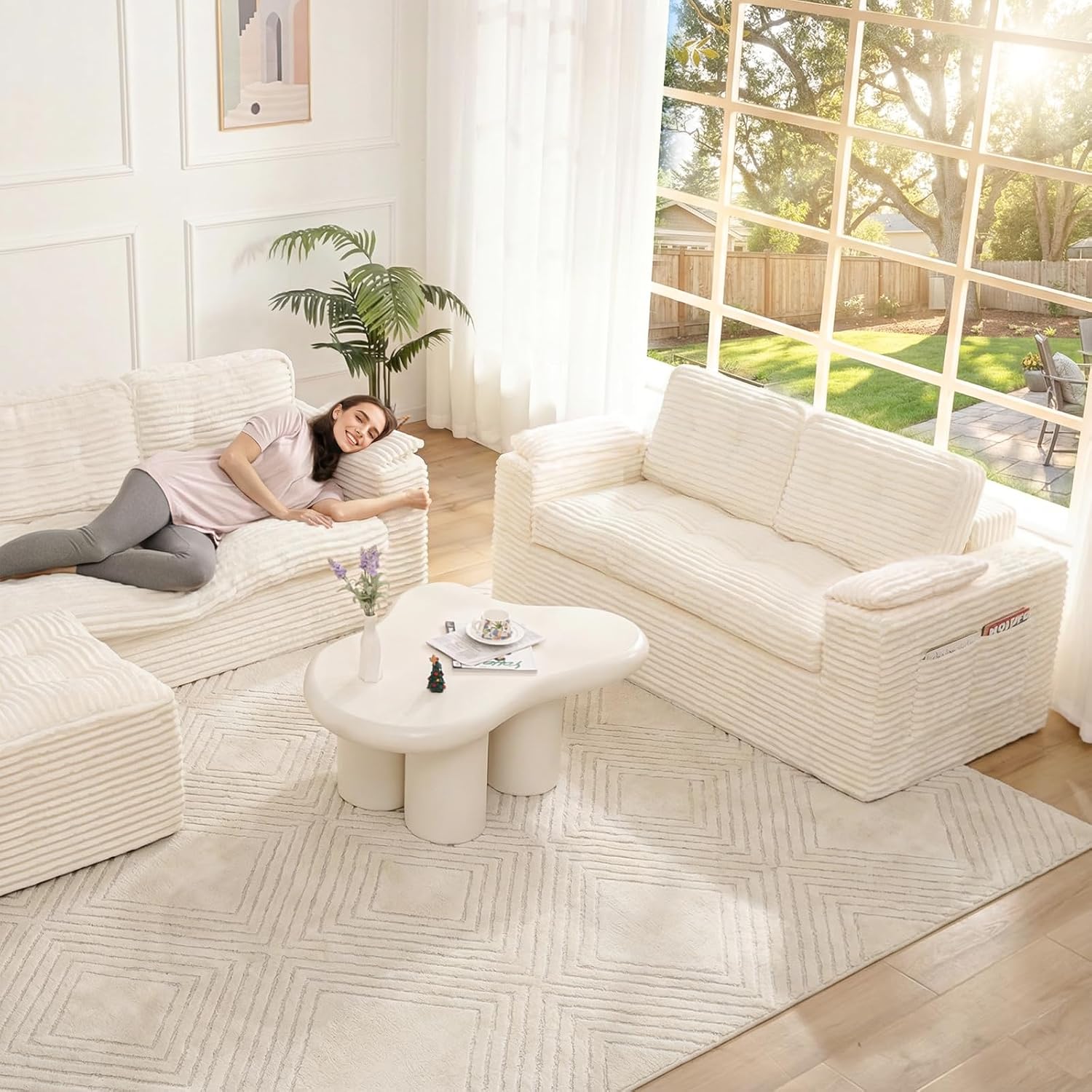 Boneless Loveseat, 2 Seater Deep Seat Loveseat Sofa with Wide‑Wale Corduroy for Small Spaces & Living Room, 60' Width, No Assembly, Washable Cover, Beige