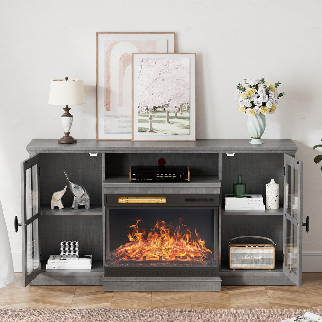 YESHOMY Glass Fireplace TV Stand for Televisions up to 65', Media Entertainment Center Console Table with Doors Closed Storage, Grey Wash