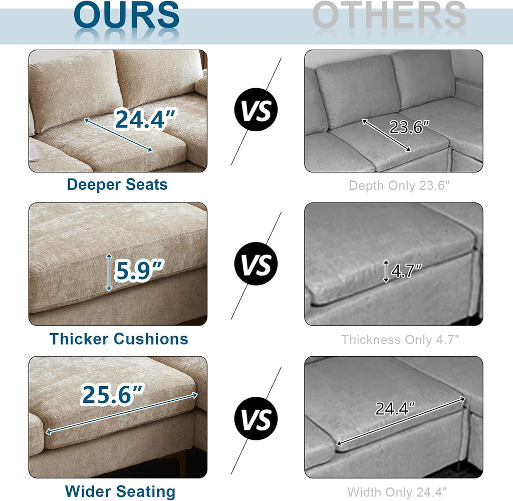 VINGLI 110' Large U-Shape Sectional Sofa Couch with 51' D Double Chaise for Living Room, Modern Sectional Couch Set with Soft 5.9' Thickness Seating Padding, Chenille Fabric,Metal Gold Legs(Khaki)