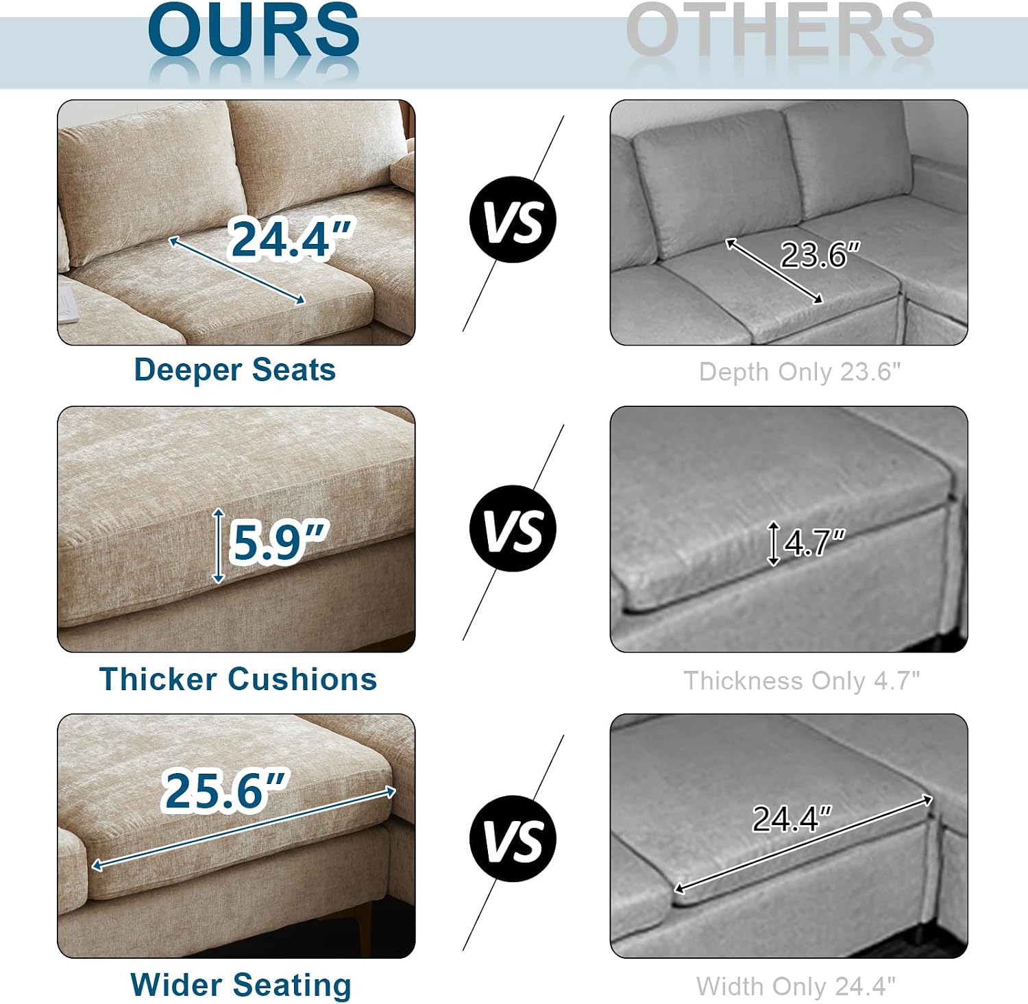 VINGLI 110' Large U-Shape Sectional Sofa Couch with 51' D Double Chaise for Living Room, Modern Sectional Couch Set with Soft 5.9' Thickness Seating Padding, Chenille Fabric,Metal Gold Legs(Khaki)