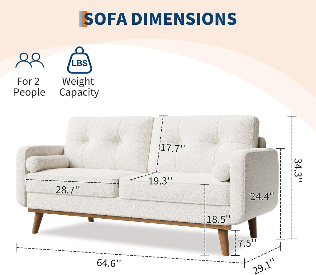IDEALHOUSE 65' Mid Century Modern Couch Sofa Loveseat, Comfy Love Seat Couches for Living Room, 2 Seater Teddy Fleece Boucle Upholstered Deep Seat Couch for Bedroom Office Small Space, White