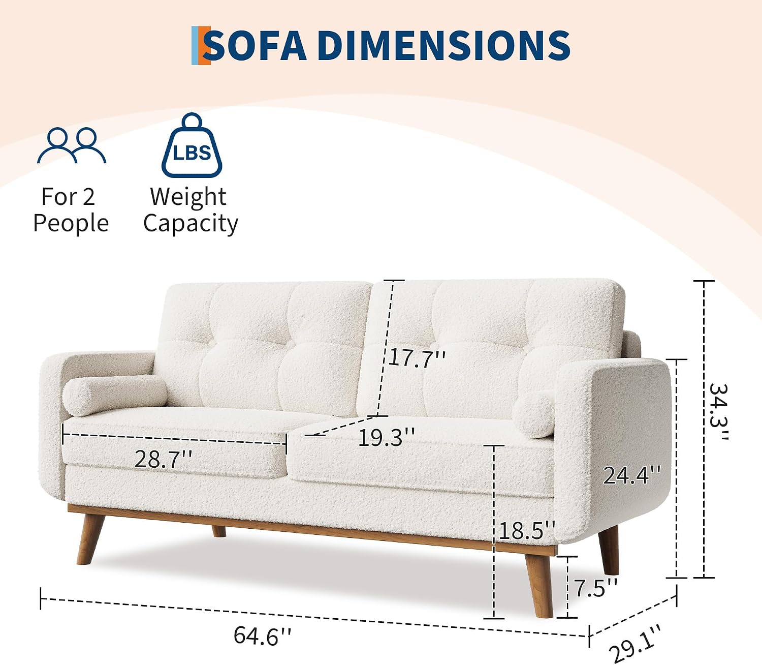 IDEALHOUSE 65' Mid Century Modern Couch Sofa Loveseat, Comfy Love Seat Couches for Living Room, 2 Seater Teddy Fleece Boucle Upholstered Deep Seat Couch for Bedroom Office Small Space, White
