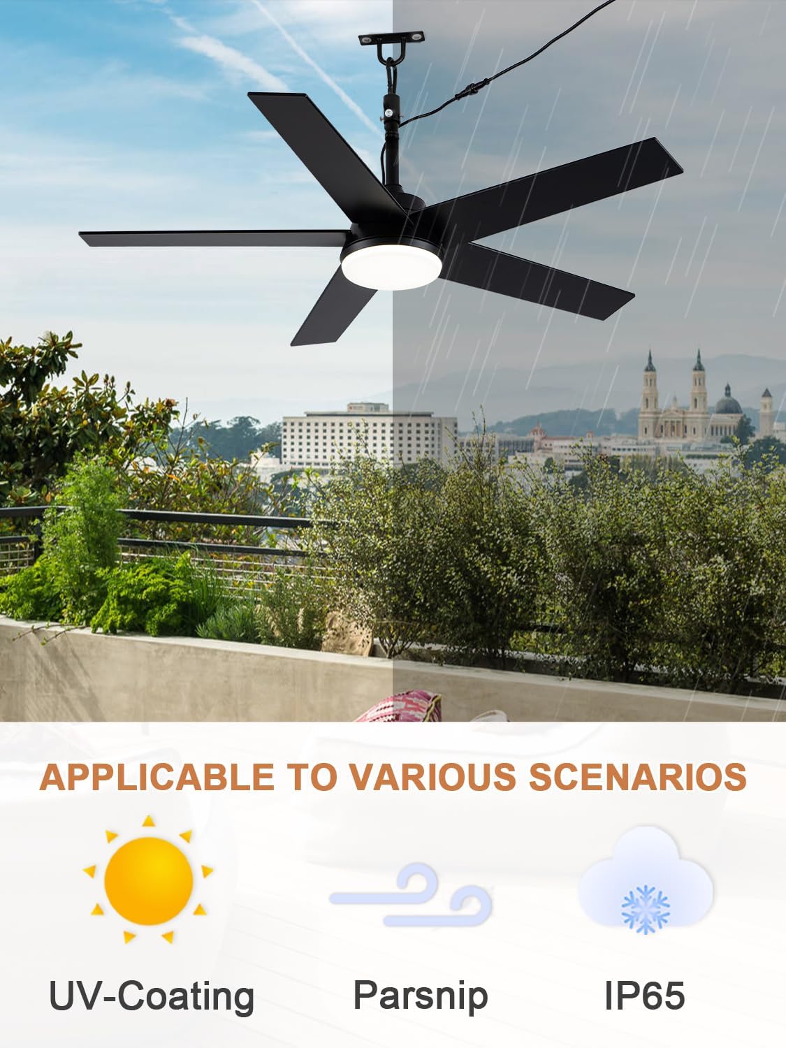 Bella Depot 48' Outdoor Ceiling Fan Black Waterproof Gazebo Fan with Light Smart App Remote Control Hanging Fan for Outside Patios Pergola Tent Plug-in Design Adjustable Brightness (48'- Black)