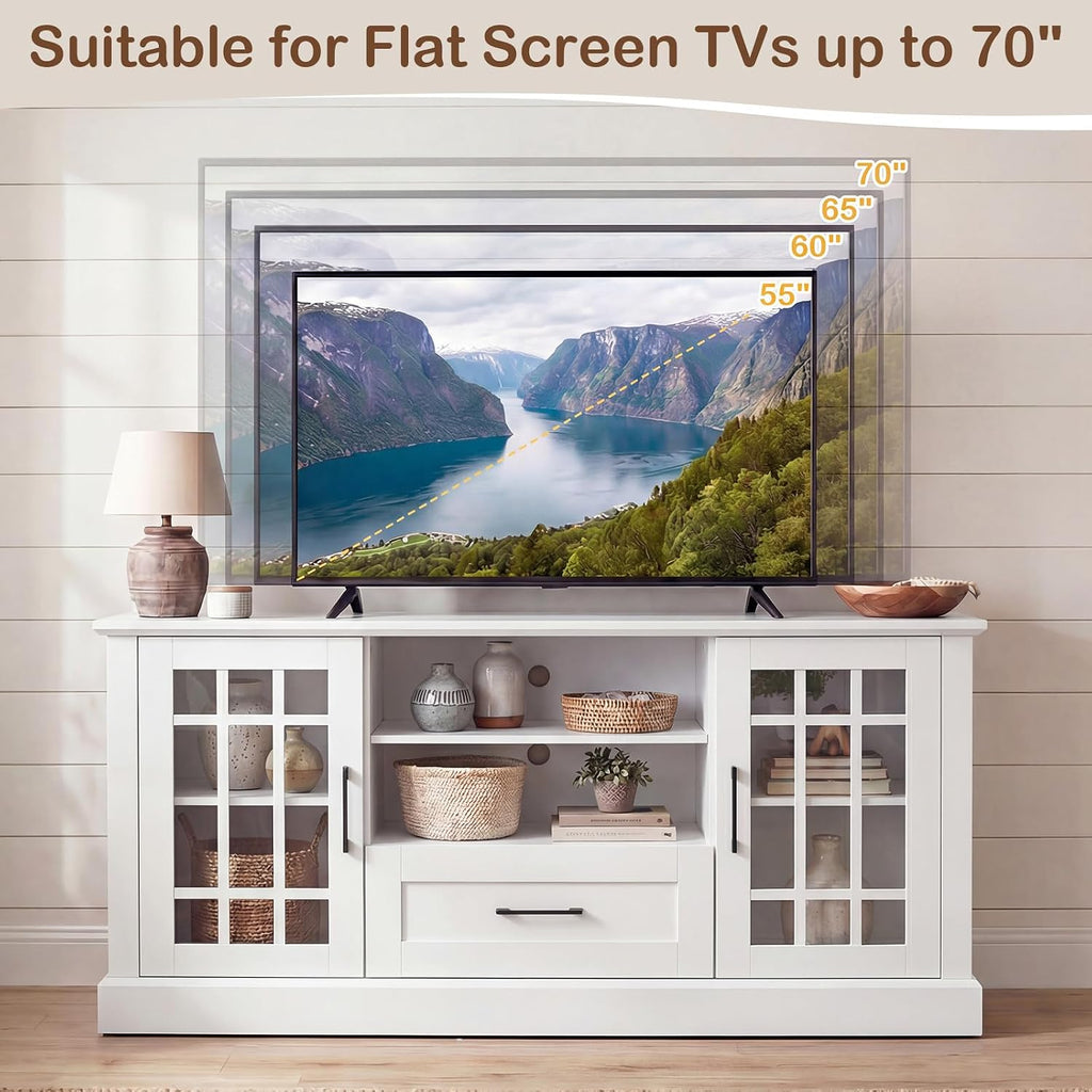 Tangkula Farmhouse TV Stand for TV up to 65 70 Inches, Tall Media Console Table with 2 Glass Storage Cabinets, 1 Drawer & 2 Open Shelves, Wooden Entertainment Center for Living Room (White)