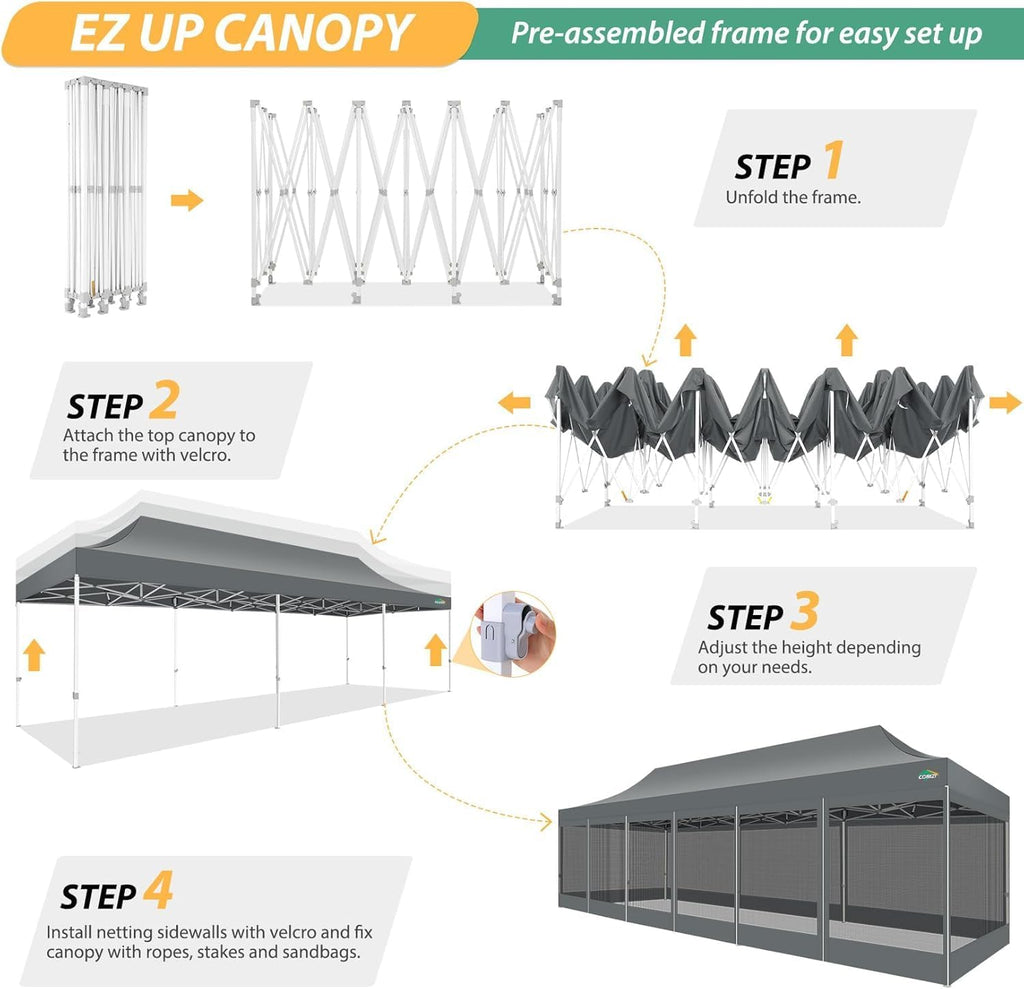 COBIZI 10x30 Pop Up Canopy with Sidewalls, Heavy Duty Canopy with Mosquito Netting, Easy up Screen Party Tents for Parties Backyard Outdoor Commercial Event Gazebo with Roller Bag, Sandbags, Gray