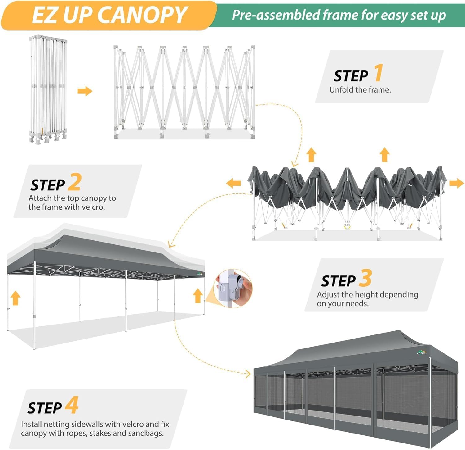 COBIZI 10x30 Pop Up Canopy with Sidewalls, Heavy Duty Canopy with Mosquito Netting, Easy up Screen Party Tents for Parties Backyard Outdoor Commercial Event Gazebo with Roller Bag, Sandbags, Gray
