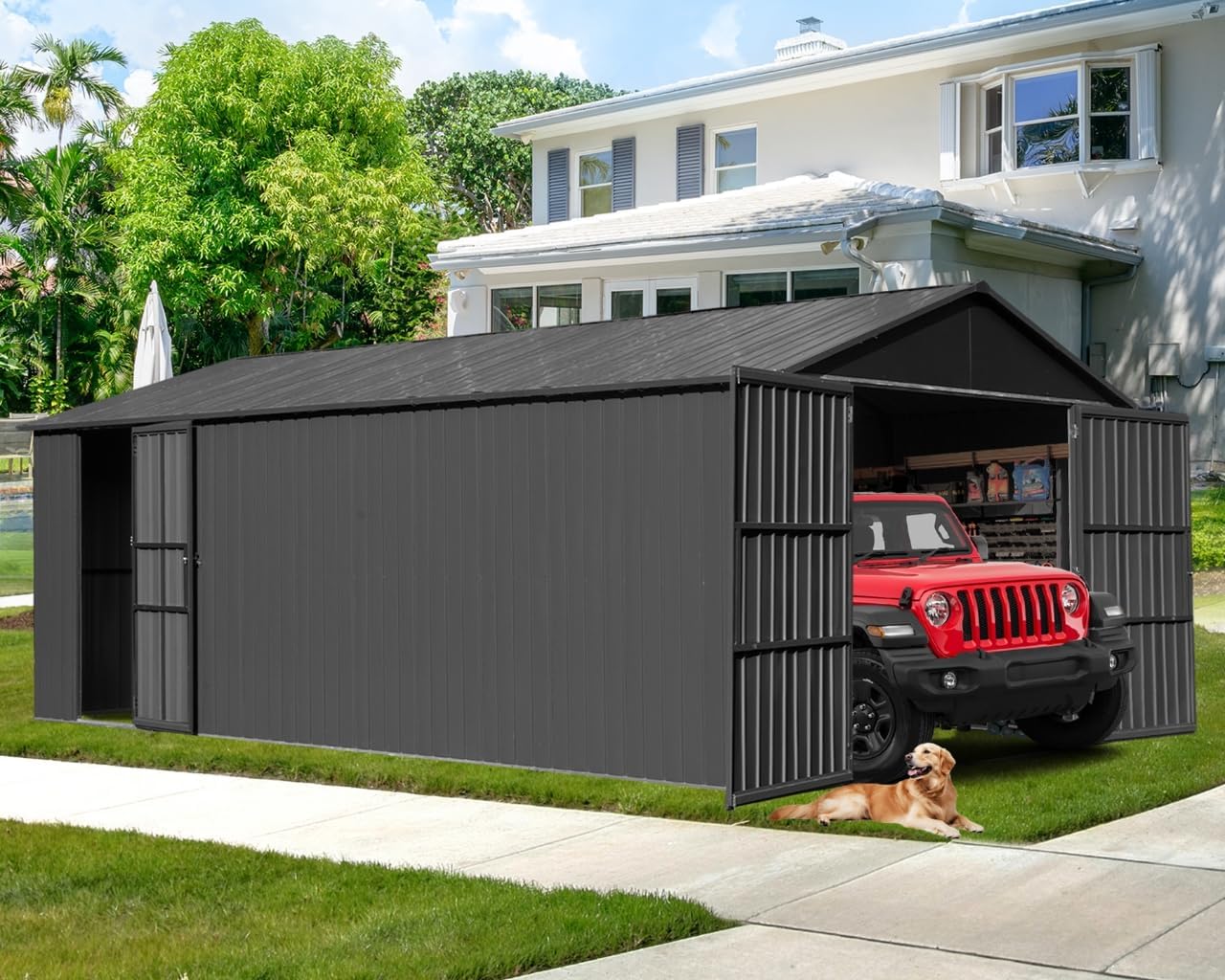 12x15FT Metal Carport, Heavy Duty Metal Garage with 2 Lockable Doors, Metal Steel Storage Shed, Metal Shed, Car Garage, Outdoor Large Garage for RV, Truck & Lawnmower -Dark Grey