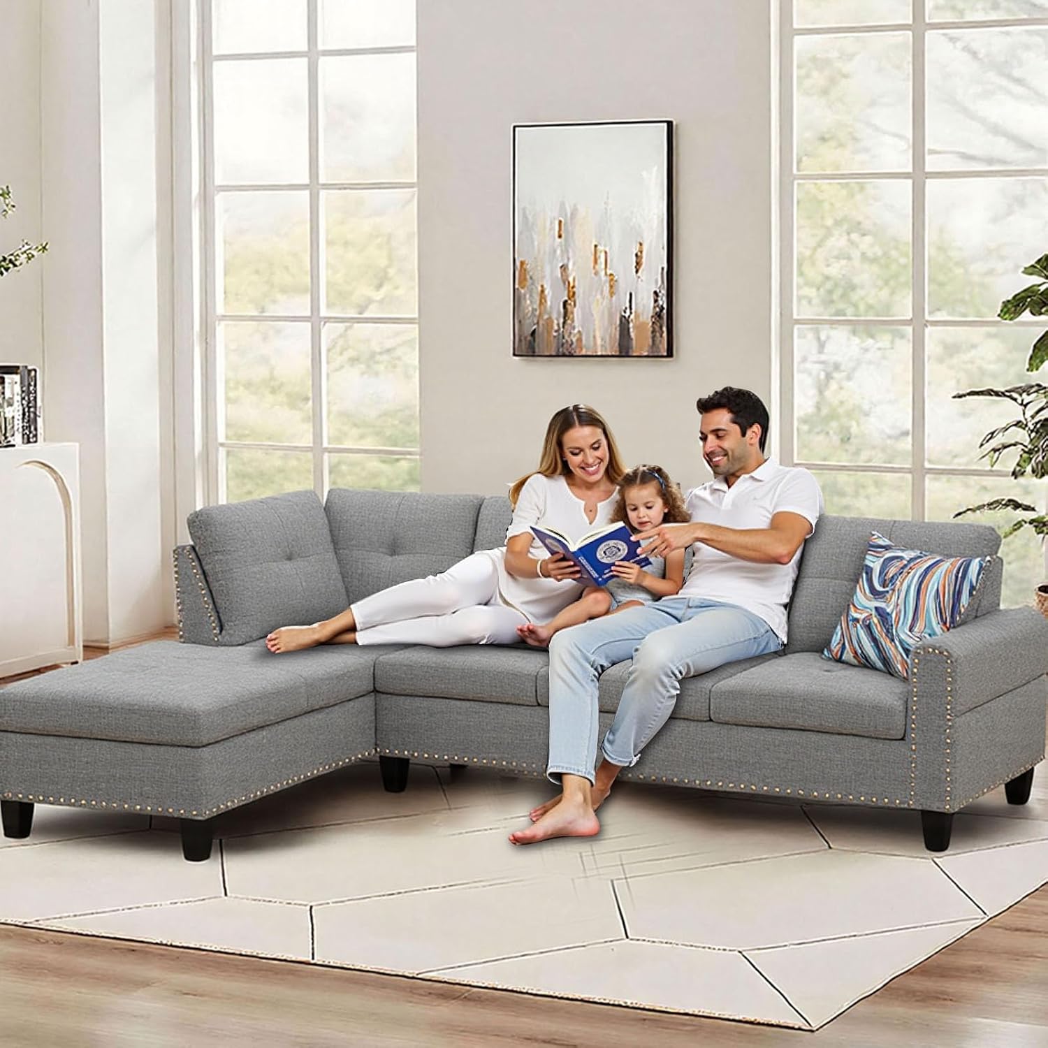 Modular L-Shaped Sectional Sofa, Modern Couches with Movable Chaise, Convertible 4-Seater Couch for Bedroom, Apartment & Office, Brown Grey