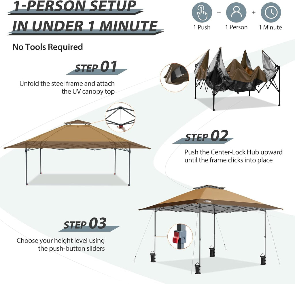 EAGLE PEAK 13x13 Straight Leg Pop Up Canopy Tent Instant Outdoor Canopy Easy Single Person Set up Folding Shelter w/Auto Extending Eaves 169 Square Feet of Shade (Sand/Brown)