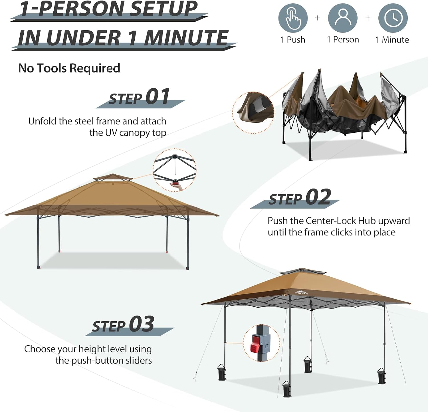 EAGLE PEAK 13x13 Straight Leg Pop Up Canopy Tent Instant Outdoor Canopy Easy Single Person Set up Folding Shelter w/Auto Extending Eaves 169 Square Feet of Shade (Sand/Brown)