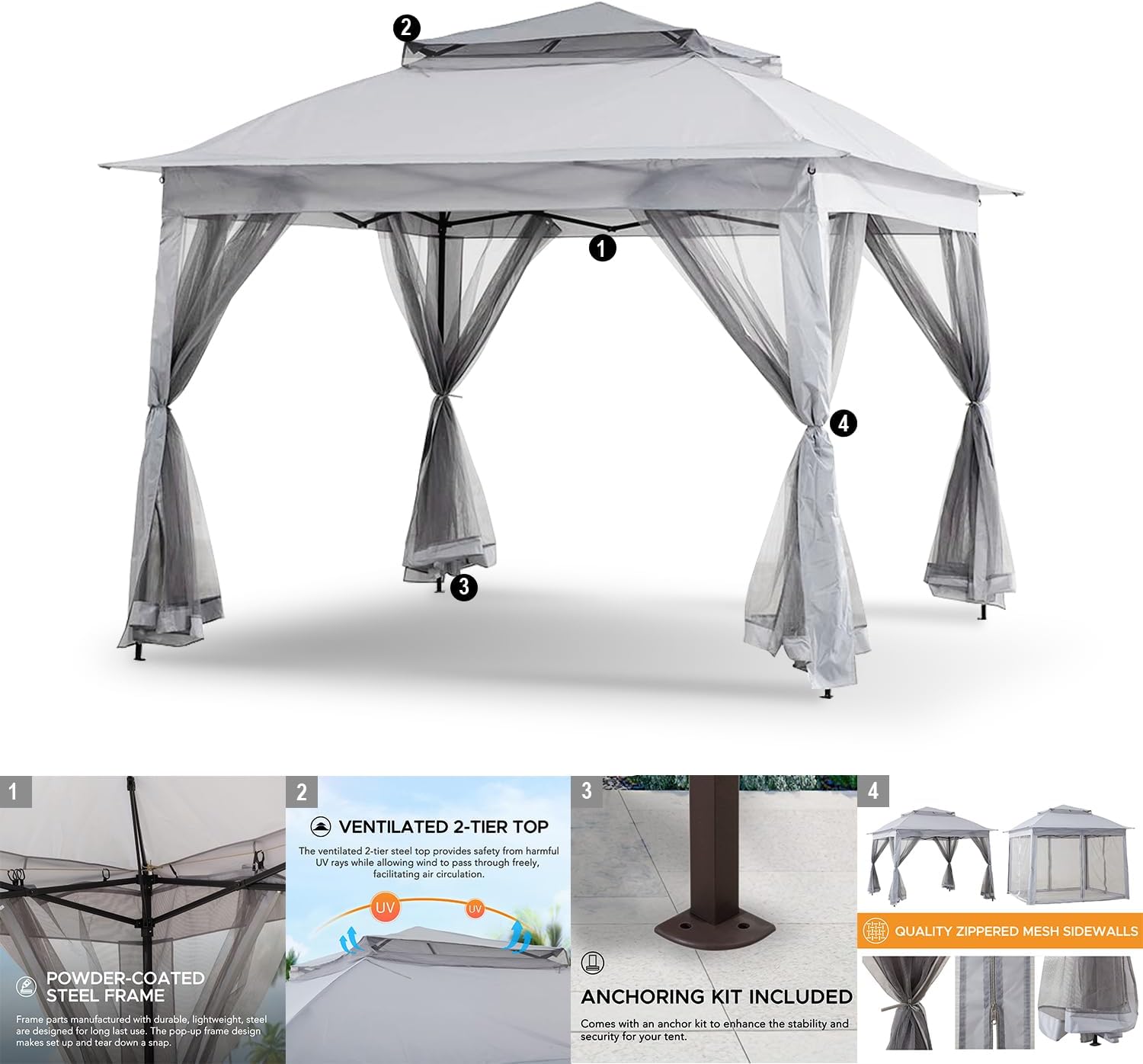Patio Gazebo Outdoor Pop Up Gazebo with Curtains and Shelter for Patio, Party & Backyard (Grey, 11x11)
