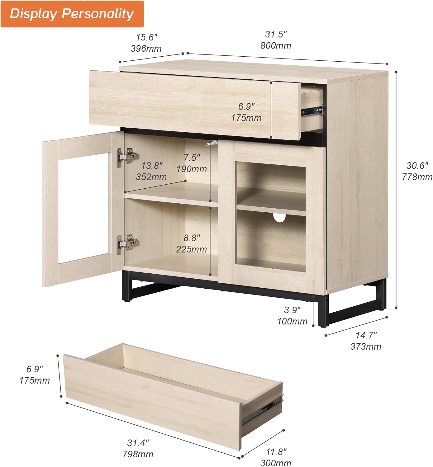 WAMPAT Modern TV Stand with Glass Doors for 26-40 inch TVs, Entertainment Center Console with Drawer and Metal Base for Living Room, Bedroom, Beige