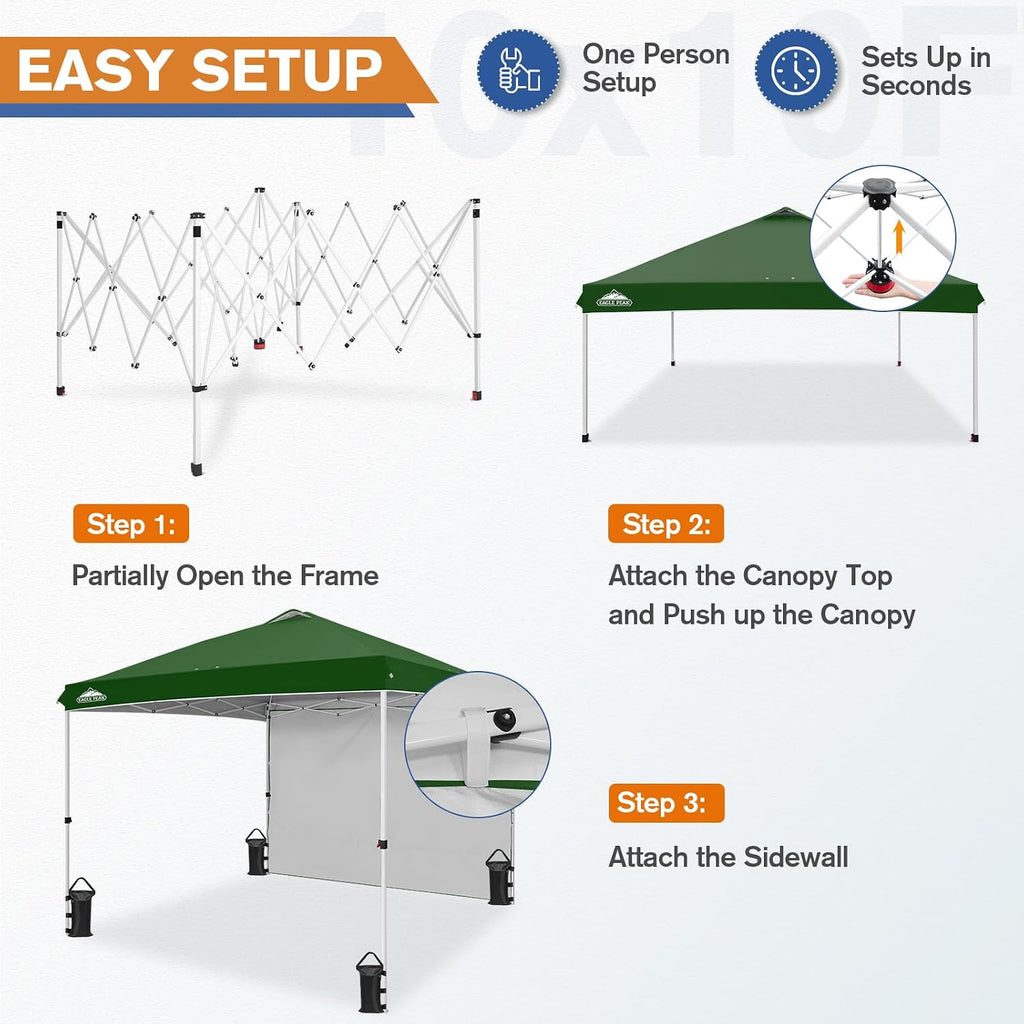 EAGLE PEAK Commercial Canopy 10x10 Pop Up Canopy Tent with 1 Sidewall, Easy Setup Heavy Duty Instant Event Shelter for Vendors & Markets, Outdoor Sun Shade, Green