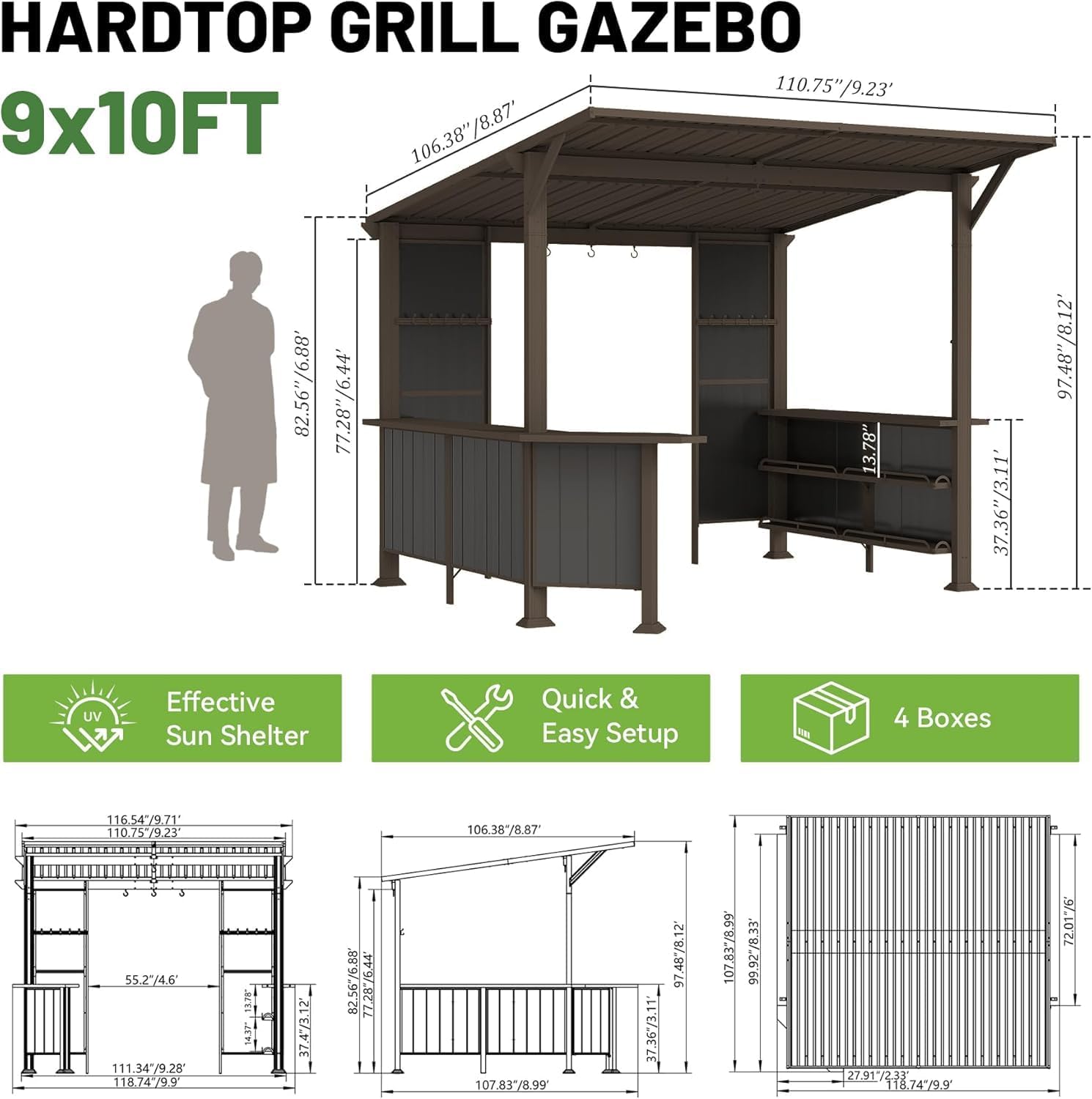 GOWE 9X10FT Hardtop Grill Gazebo, Lean to Outdoor BBQ Gazebo with Storage Shelves and Expansion Platform, Galvanized Steel Permanent Hard top Grill Canopy for Patio Backyard Lawn Garden -Brown