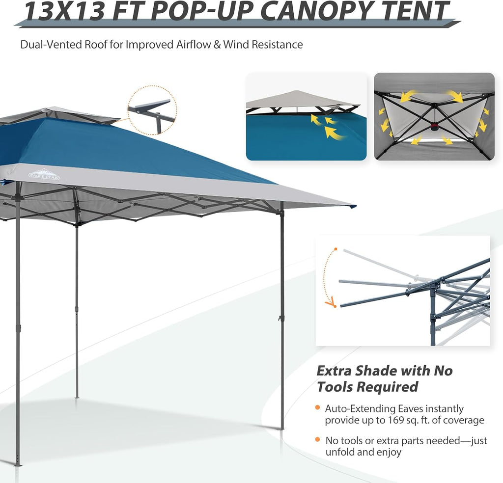 EAGLE PEAK 13x13 Straight Leg Pop Up Canopy Tent Instant Outdoor Canopy Easy Single Person Set up Folding Shelter w/Auto Extending Eaves 169 Square Feet of Shade (Blue/Gray)