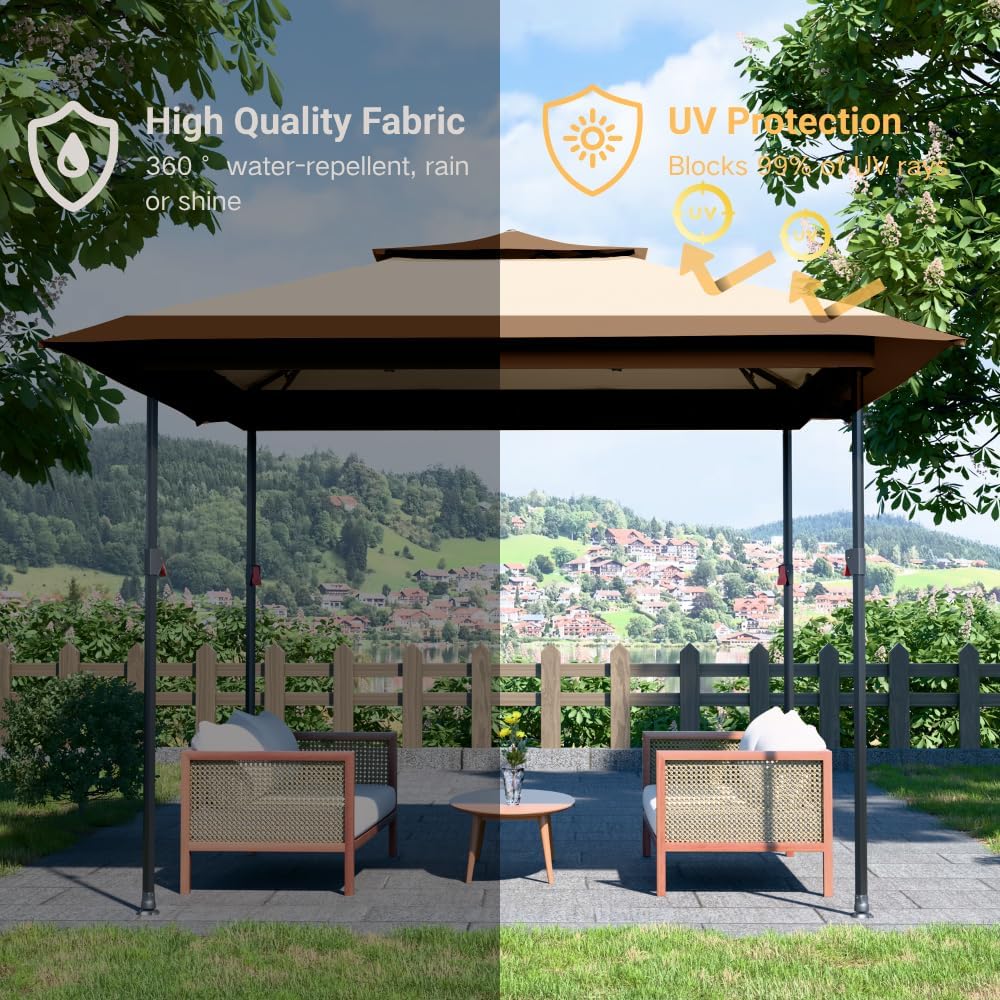 Kingdura 13x13 Pop Up Canopy, Easy Setup Canopy Tent, Double Roof Outdoor Patio Shelter Sun Shade with 4 Sand Bags, 3 Adjustable Height for Patio Furniture, Party, Wedding, Outdoor Dining (Khaki)