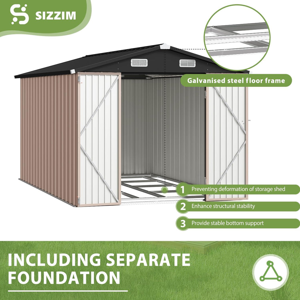 8x12FT A-Frame Metal Shed with Base Included, Brown Outdoor Tool Storage Building, Durable and Weather-Resistant, Perfect for Backyard, Garden, or Lawn