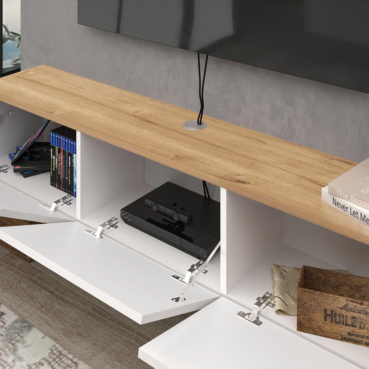 Atelier Mobili Floating TV Stand - Wall Mounted, Supports up to 80 inch TV, Modern White Entertainment Center for Living Room, White Floating TV Stand with Oak Counter Design
